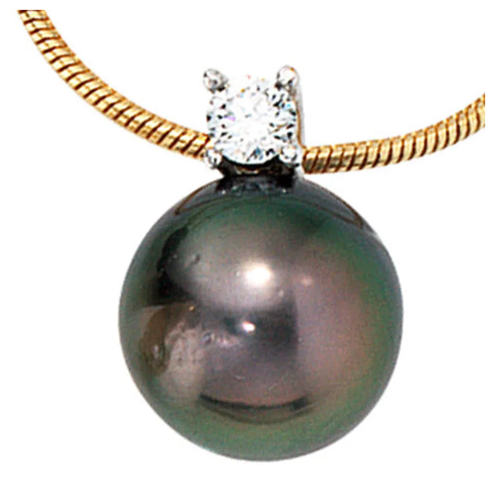 Collier Kette mit Anhänger 585 Gold 1 Tahiti Perle 1 Diamant Brilllant 42 cm