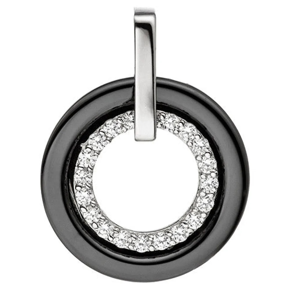 Anhänger rund 925 Sterling Silber mit Keramik schwarz und Zirkonia