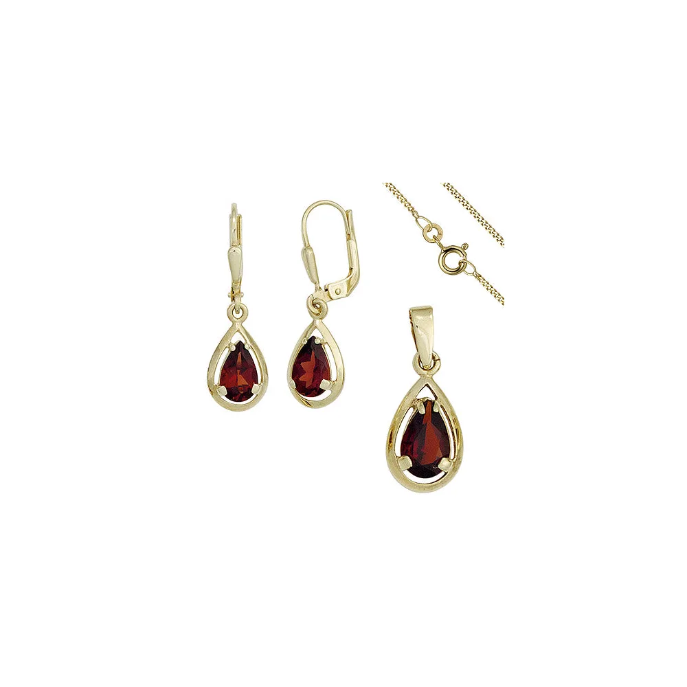 Schmuck-Set 333 Gold Gelbgold 3 Granate rot Ohrringe und Kette 45 cm