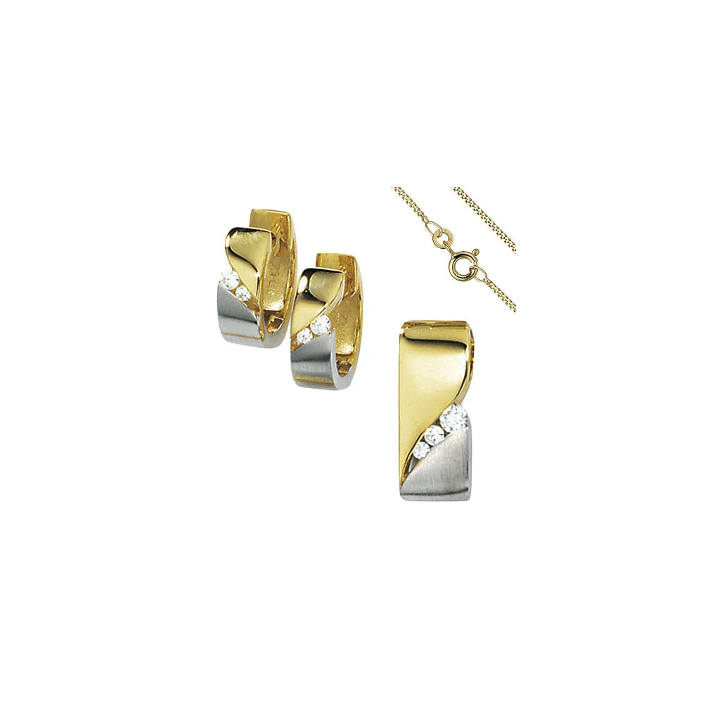 Schmuck-Set 333 Gold Gelbgold bicolor 7 Zirkonia Ohrringe und Kette 42 cm