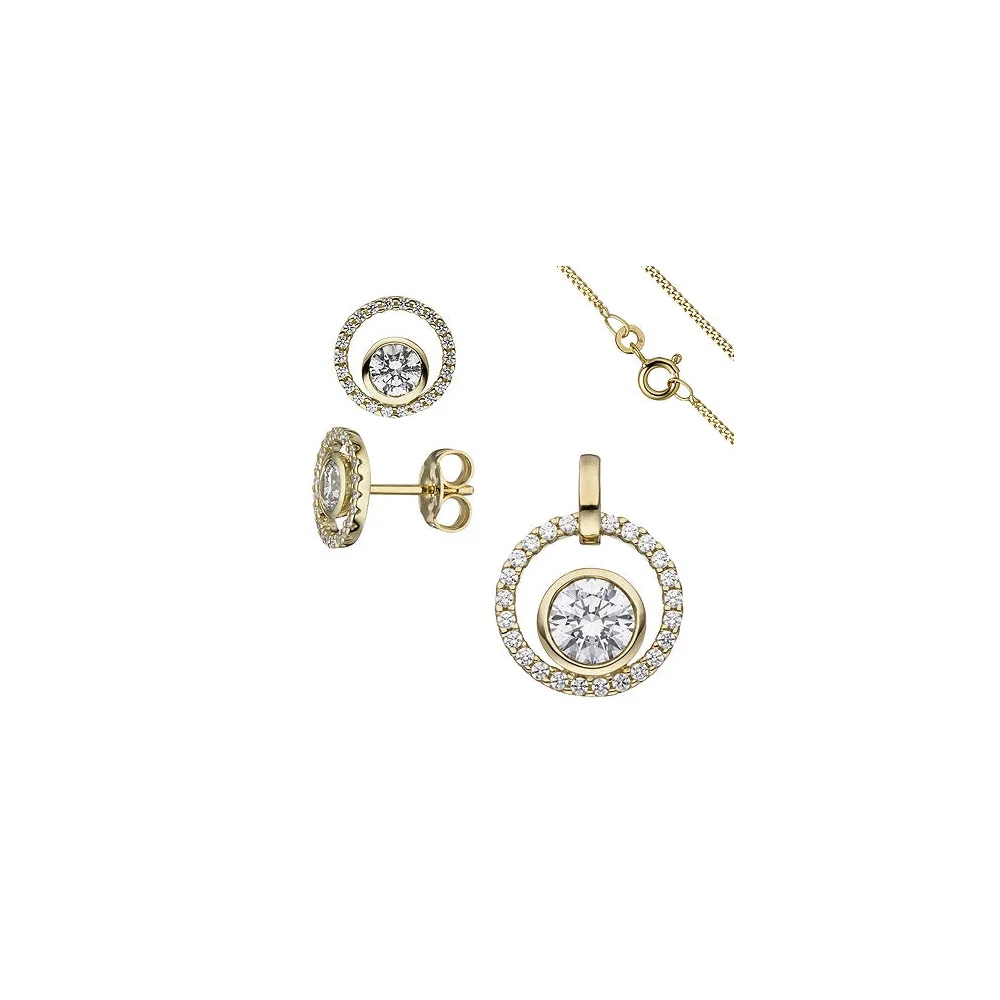 Schmuck-Set 333 Gold Gelbgold mit Zirkonia Ohrstecker und Kette 42 cm
