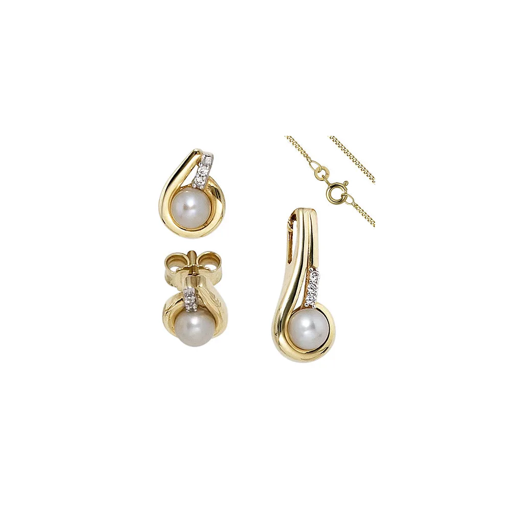 Schmuck-Set 333 Gold Gelbgold Perlen Zirkonia Ohrringe und Kette 42 cm