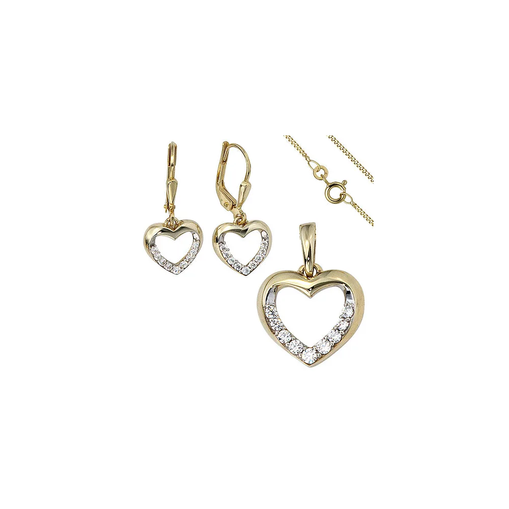 Schmuck-Set 333 Herz Gold Gelbgold Zirkonia Ohrringe Anhänger und Kette 42 cm