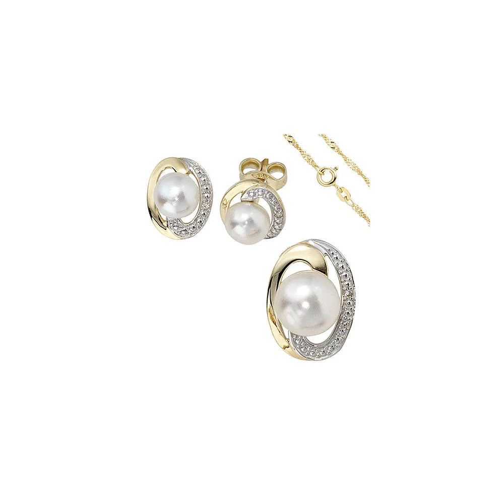 Schmuck-Set 585 Gelbgold bicolor 3 Perlen 4 Diamanten Ohrringe und Kette 42 cm