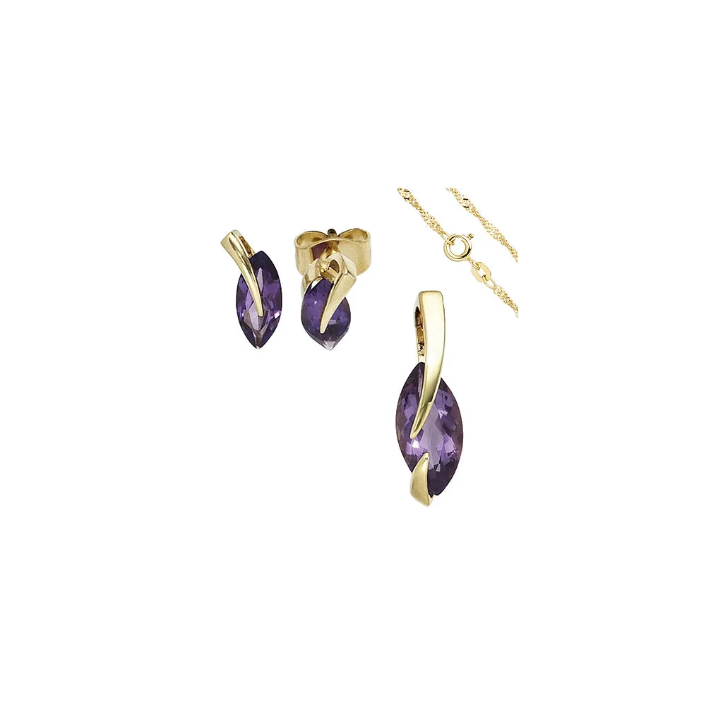 Schmuck-Set 585 Gold Gelbgold 3 Amethyste lila violett Ohrringe und Kette 45 cm
