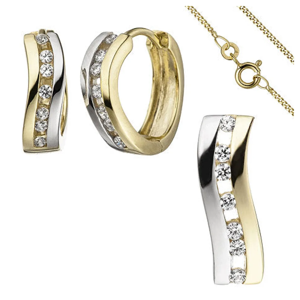 Schmuck-Set geschwungen 333 Gold Gelbgold bicolor Zirkonia mit Kette 42 cm