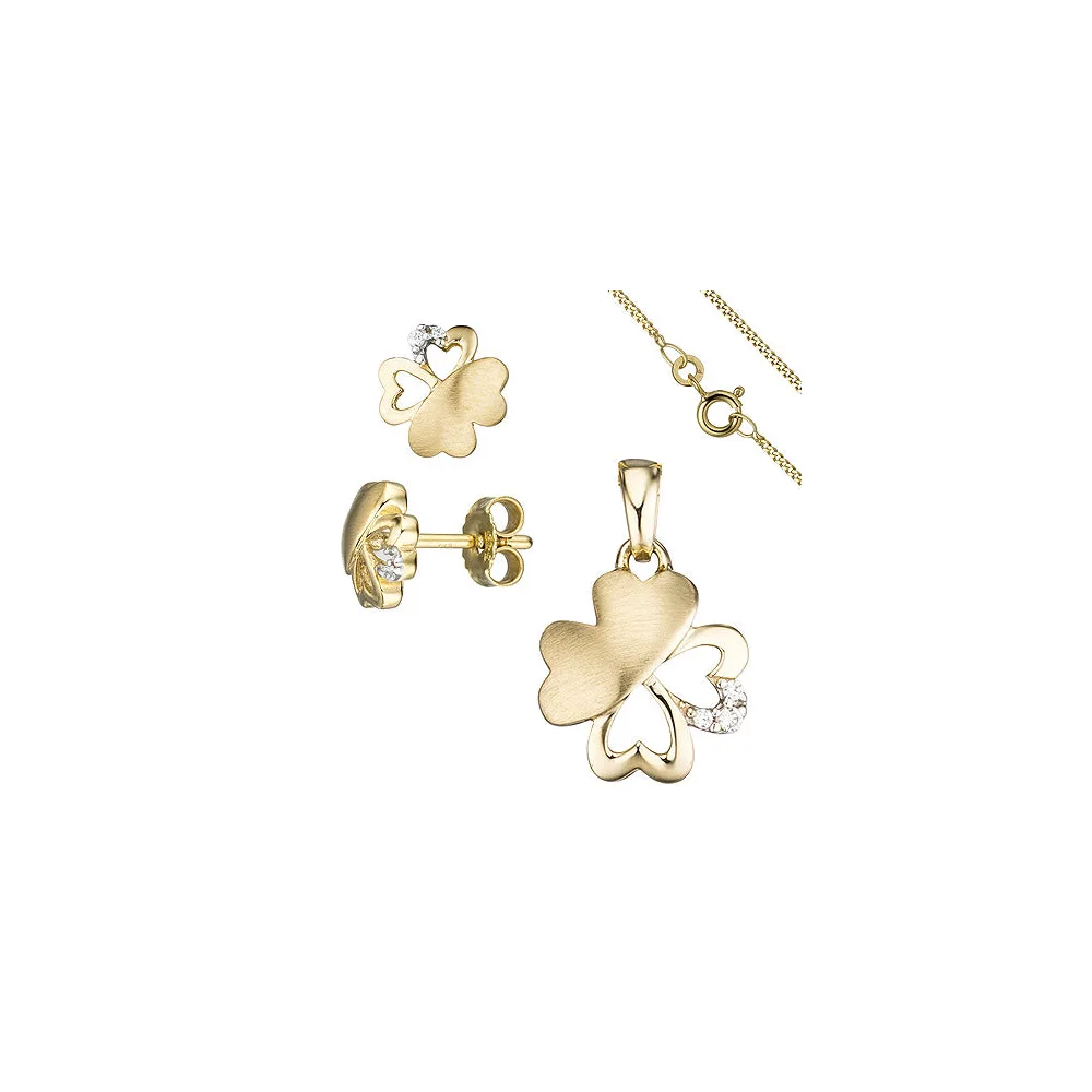 Schmuck-Set Kleeblatt 333 Gold Gelbgold 7 Zirkonia Ohrringe und Kette 42 cm