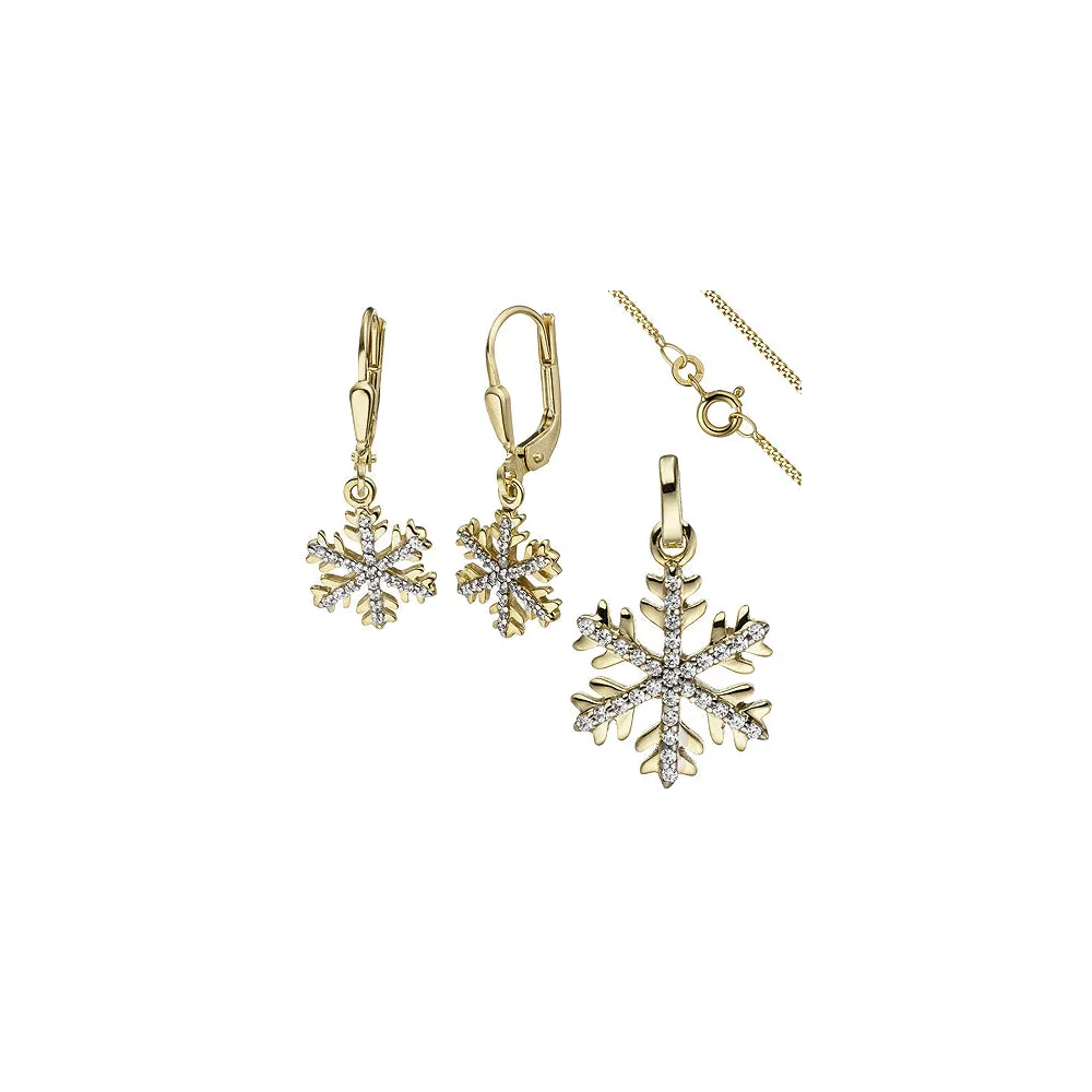 Schmuck-Set Schneeflocke 333 Gold Gelbgold mit Zirkonia Ohrringe und Kette 42 cm