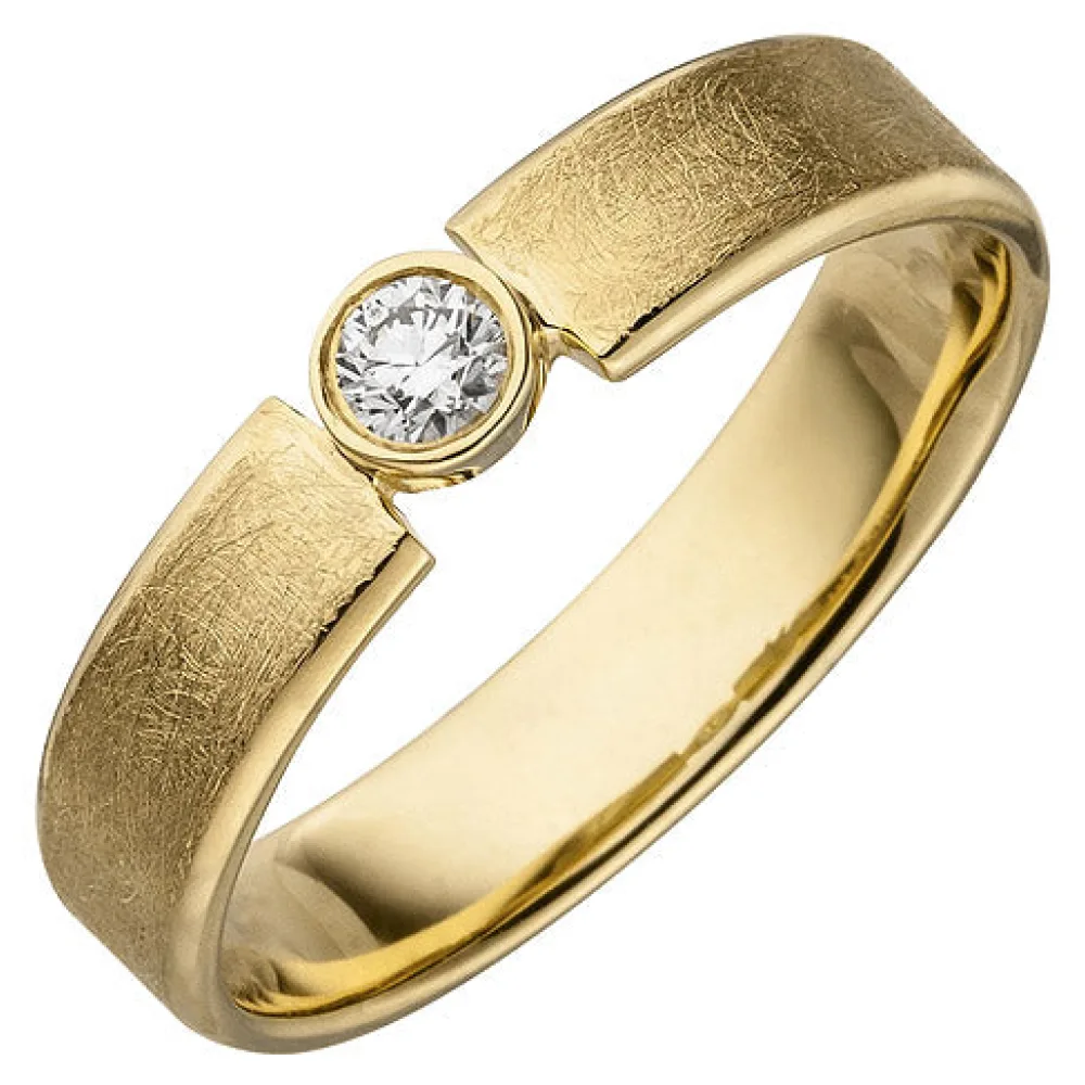 Damen Ring 585 Gold Gelbgold eismatt 1 Diamant Brillant 0 10ct. Diamantring-50