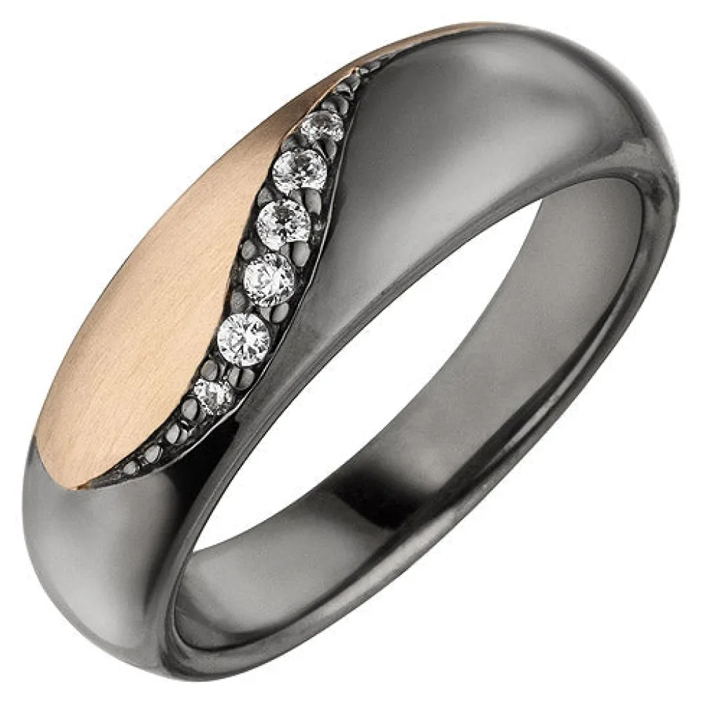 Damen Ring 925 Sterling Silber schwarz und roségold bicolor 6 Zirkonia-60