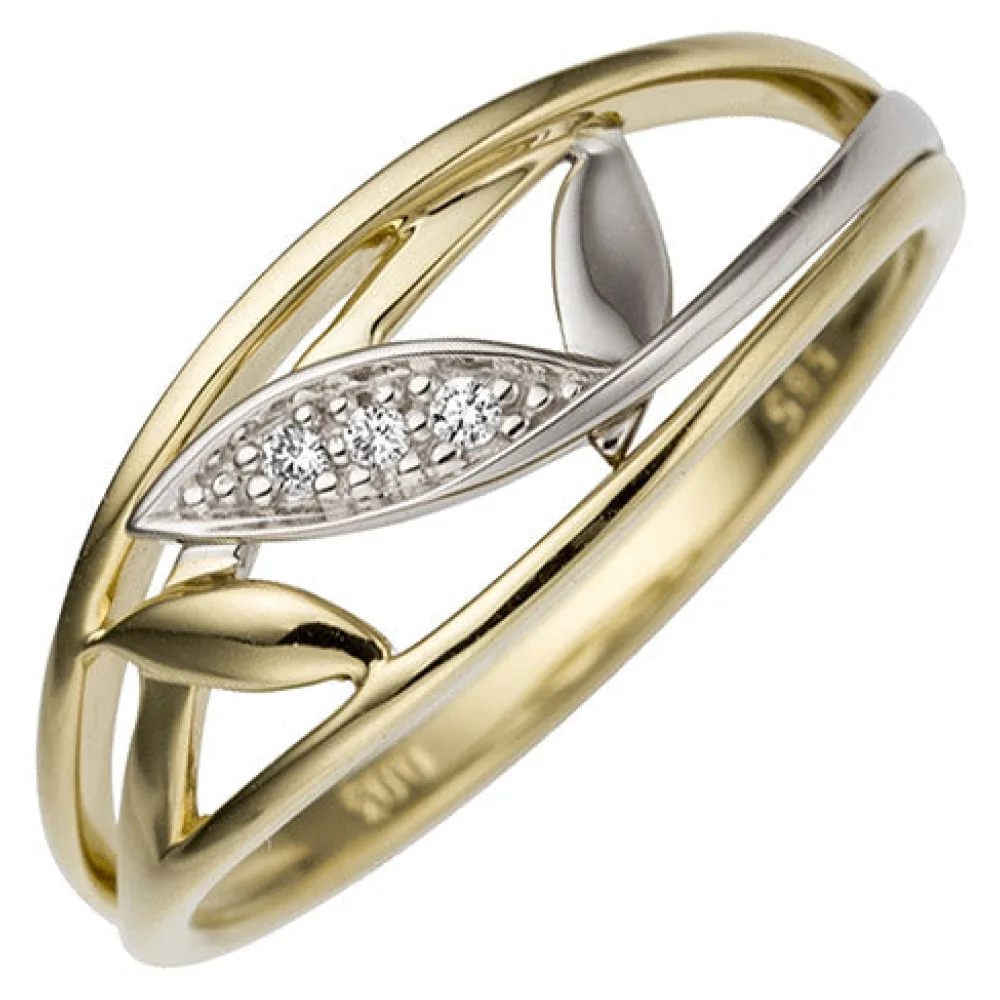 Damen Ring 585 Gold Gelbgold Weißgold bicolor 3 Diamanten Brillanten Goldring-56