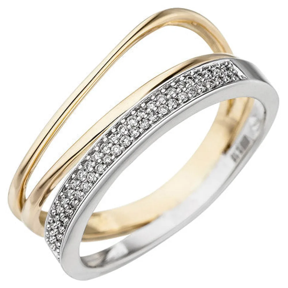 Damen Ring 585 Gold Gelbgold Weißgold bicolor 51 Diamanten Brillanten Goldring-54
