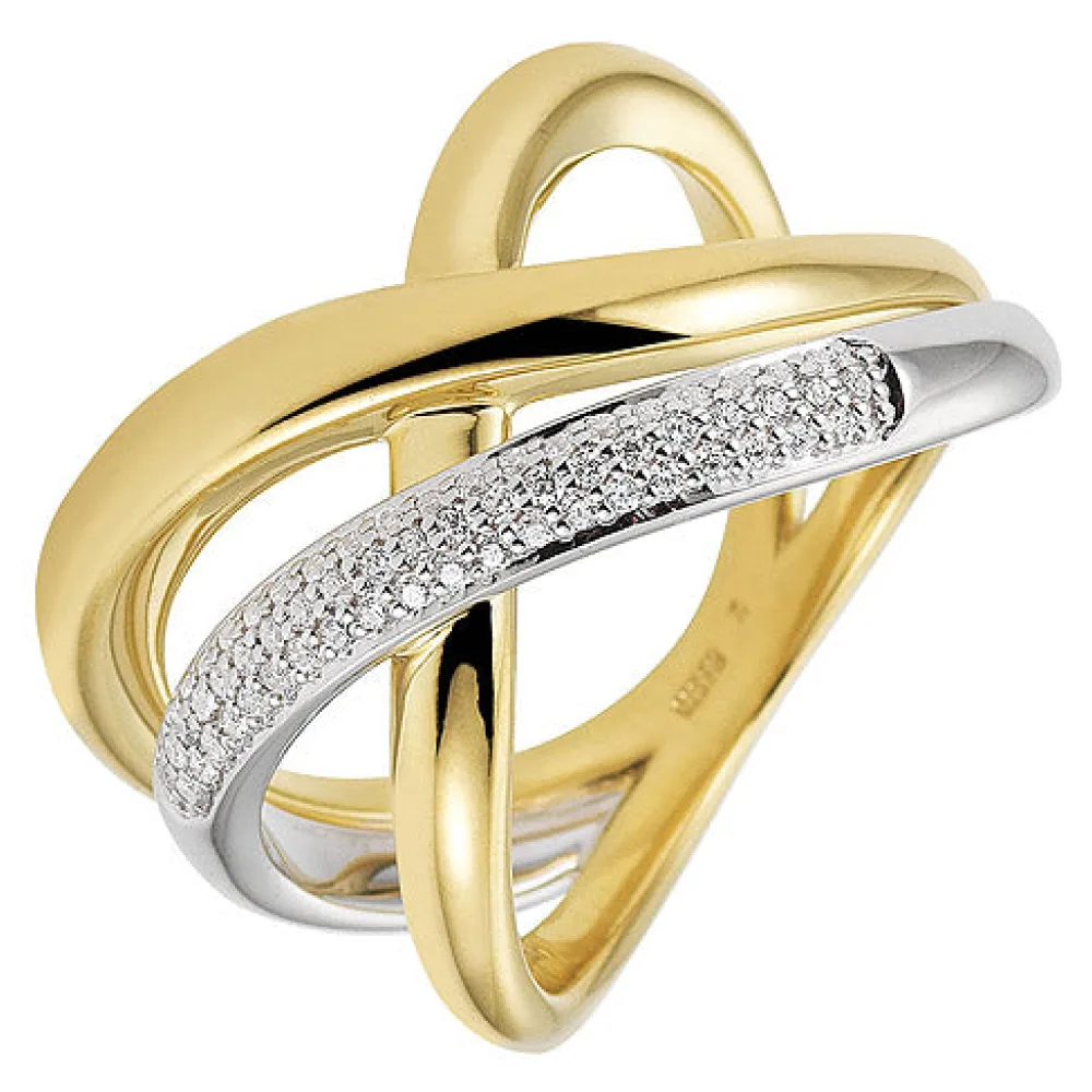 Damen Ring 585 Gold Gelbgold Weißgold bicolor 61 Diamanten Brillanten Goldring-56