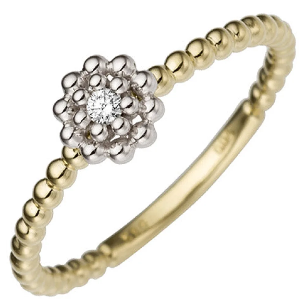 Damen Ring Blume 585 Gold Gelbgold Weißgold bicolor 1 Diamant Brillant Goldring-50