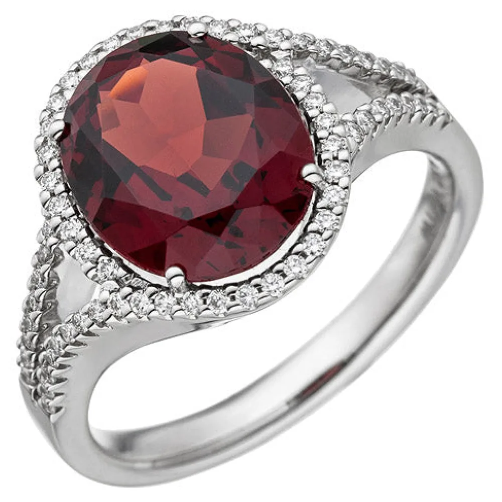 Damen Ring 585 Gold Weißgold 1 Granat rot 66 Diamanten Brillanten Granatring-56