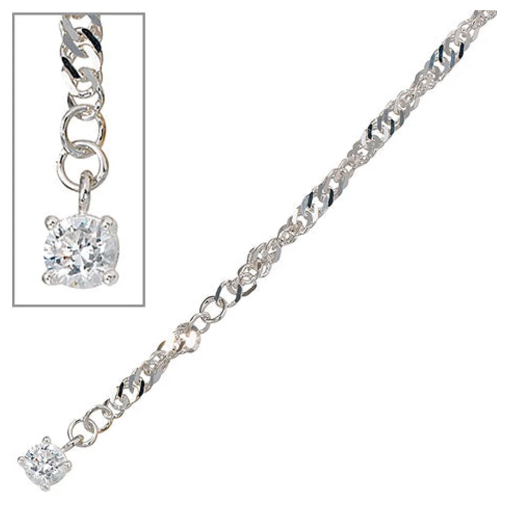 Fußkettchen Fußkette 925 Sterling Silber rhodiniert 1 Zirkonia 25 cm Karabiner