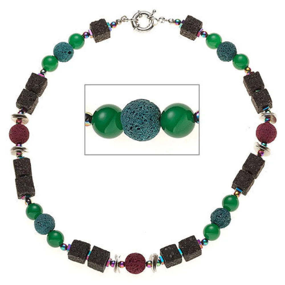 Halskette Edelsteinkette Lava mit Achat und Hämatin bunt 48 cm Kette