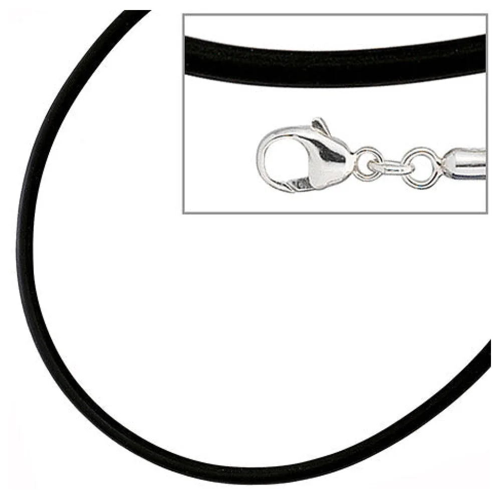 Halskette Kautschuk schwarz mit 925 Silber 3 mm 45 cm Kautschukkette
