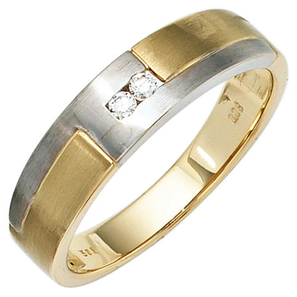 Herren Ring 585 Gold Gelbgold Weißgold mattiert 2 Diamanten Brillanten Goldring-68