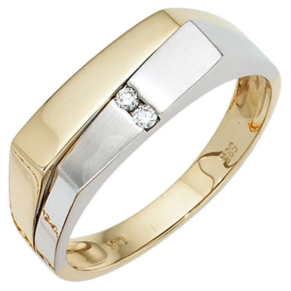 Herren Ring 585 Gold Gelbgold Weißgold mattiert 2 Diamanten Brillanten Goldring-66