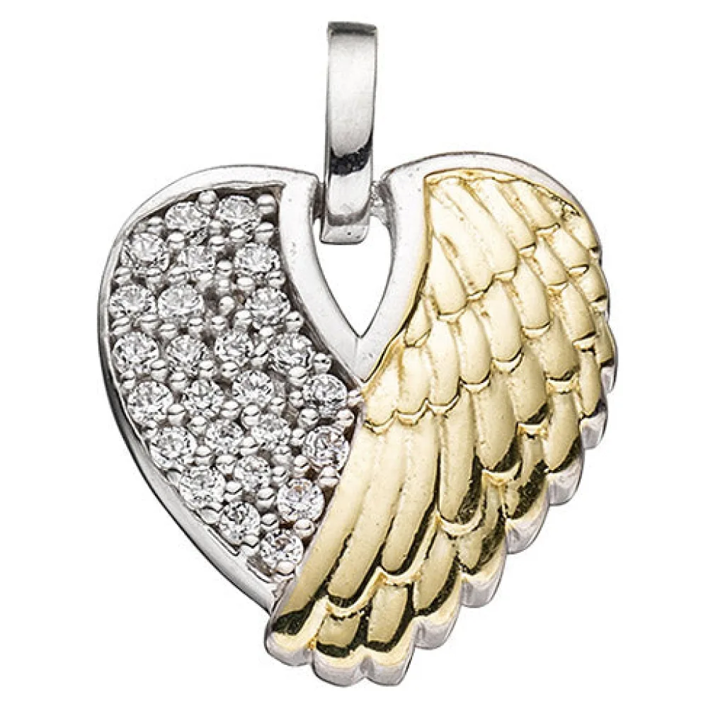 Anhänger Herz / Engelsflügel 925 Silber bicolor vergoldet mit Zirkonia