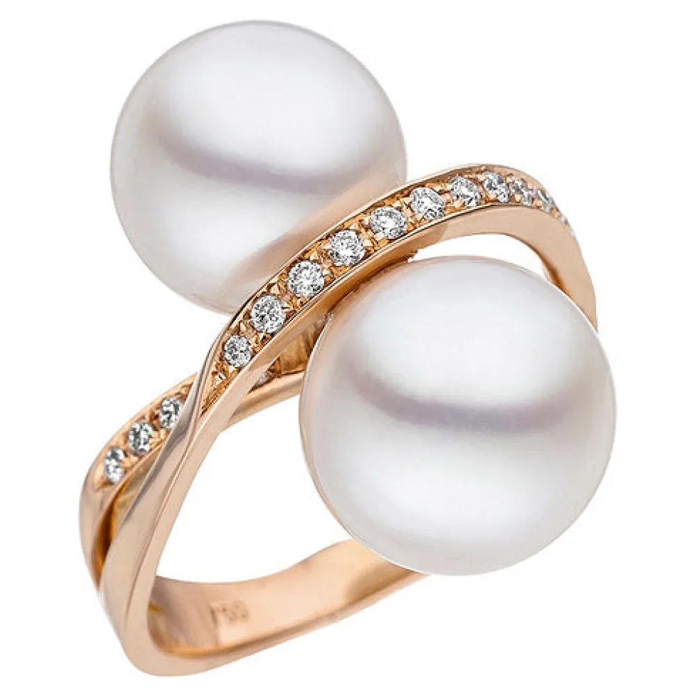 Damen Ring 750 Rotgold 24 Diamanten Brillanten 2 Südee Perlen weiß Perlenring-58