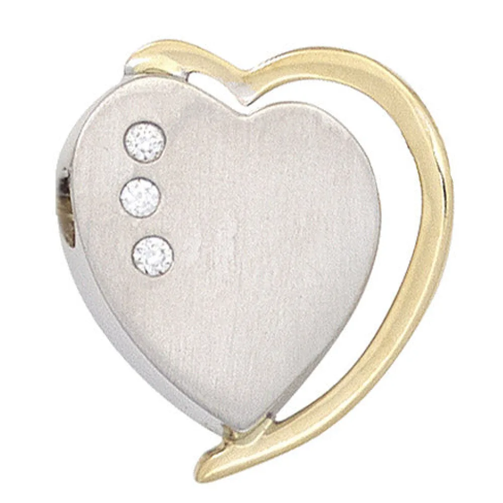 Anhänger Herz 585 Gold Weißgold Gelbgold bicolor matt 3 Diamanten Brillanten