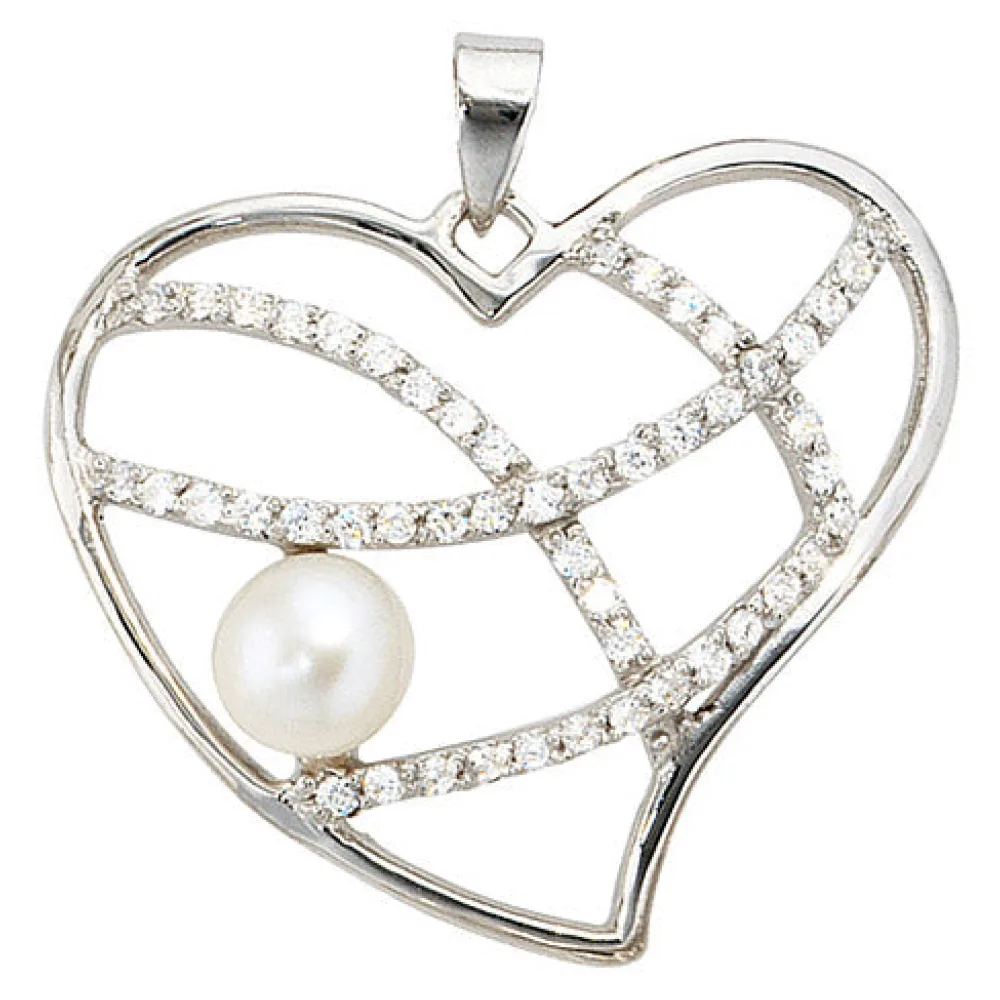 Anhänger Herz 925 Sterling Silber 1 Süßwasser Perle mit Zirkonia Perlenanhänger