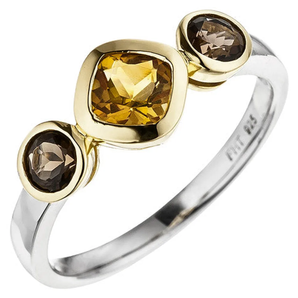 Damen Ring 925 Silber bicolor vergoldet 1 Citrin 2 Rauchquarze Silberring-56