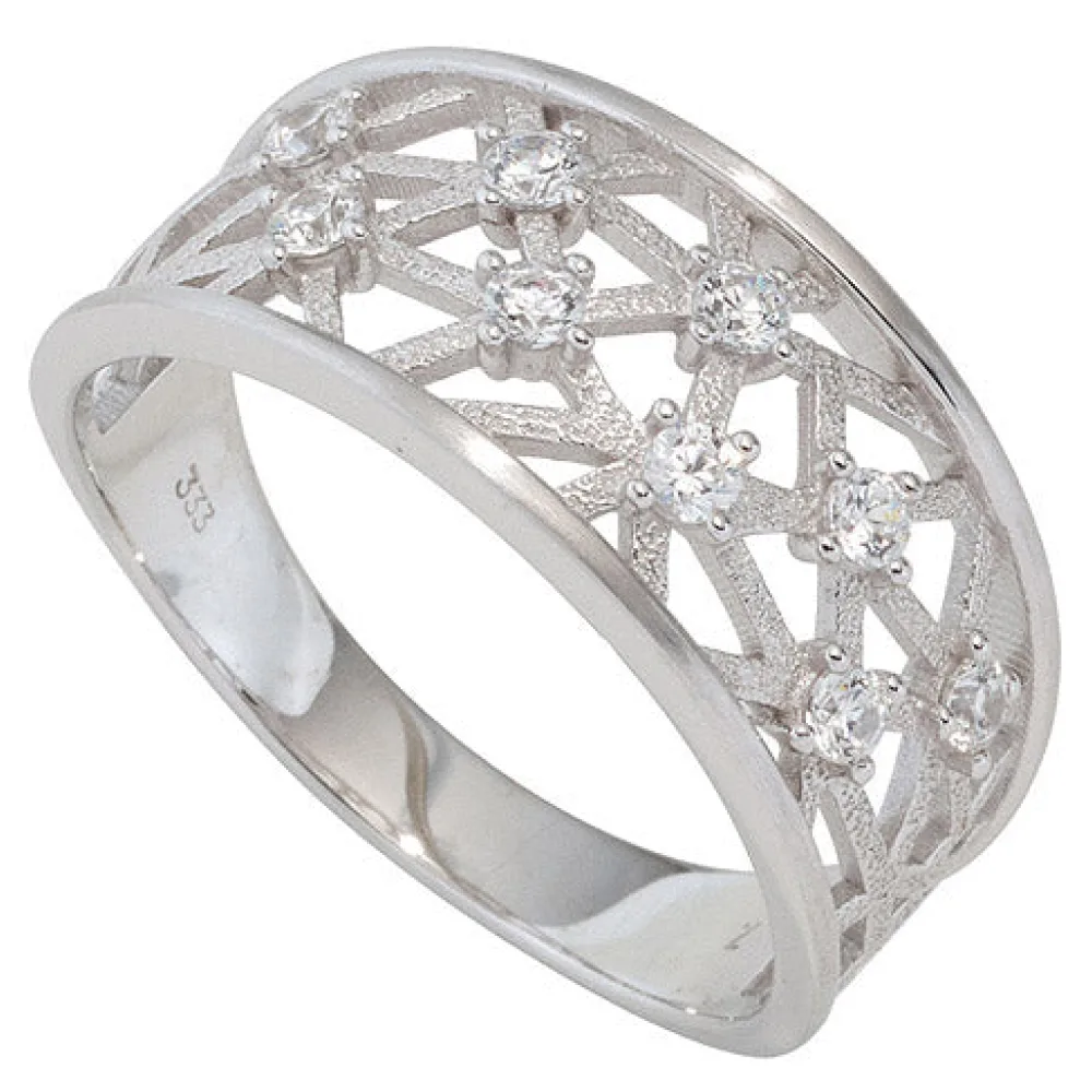 Damen Ring breit 333 Gold Weißgold mattiert 9 Zirkonia Goldring Weißgoldring-52