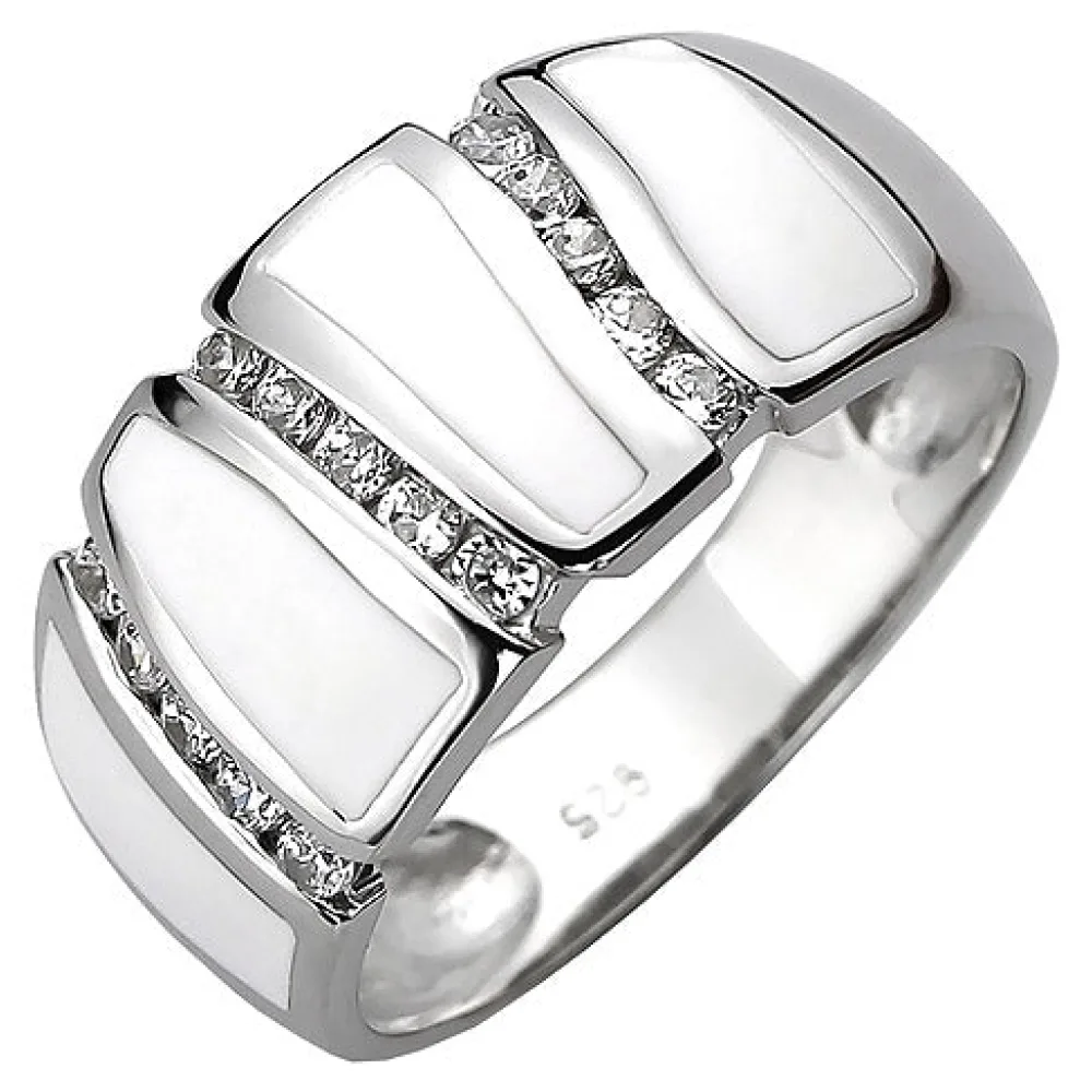 Damen Ring 925 Sterling Silber 15 Zirkonia und weiße Emaille-Einlage-60