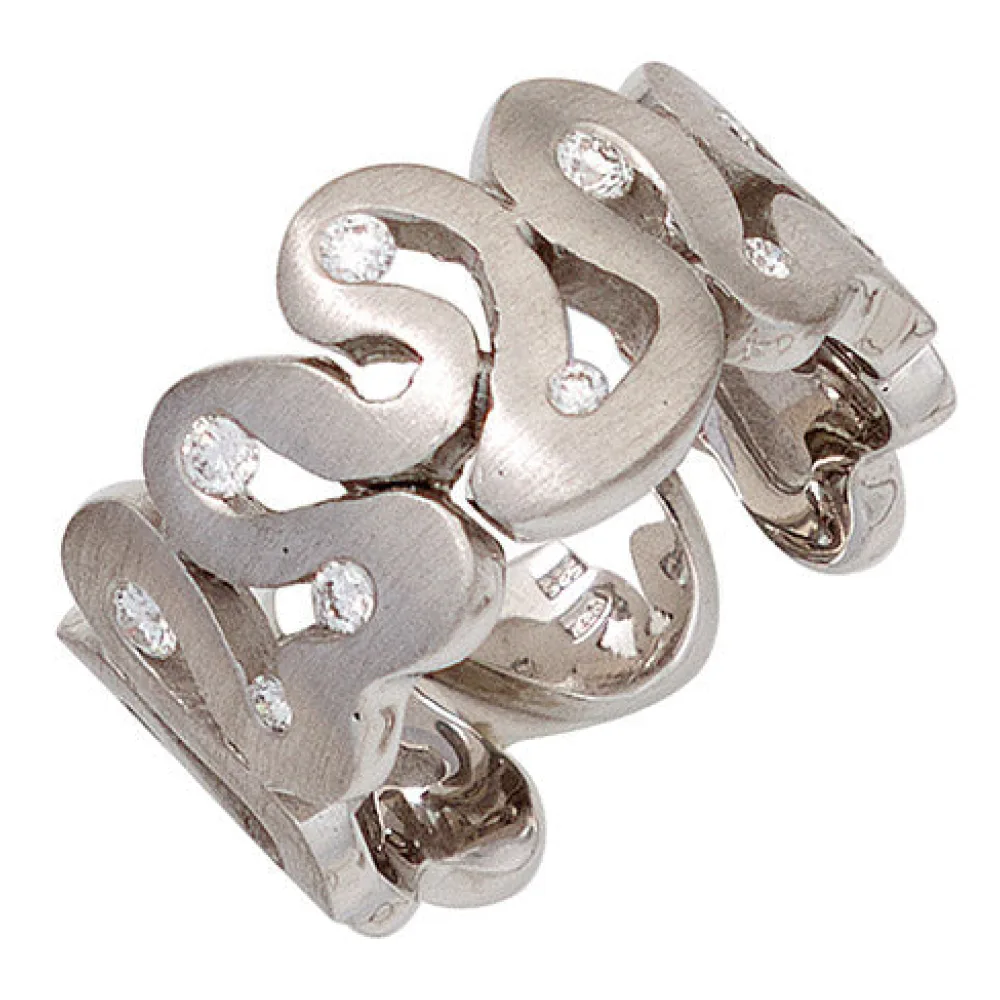 Damen Ring breit 585 Gold Weißgold matt 10 Diamanten Brillanten Weißgoldring-56