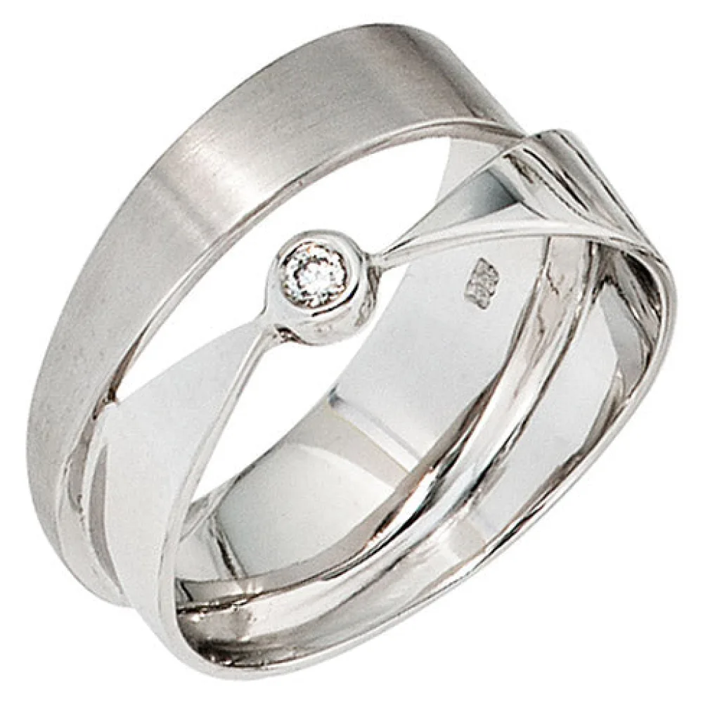 Damen Ring breit 585 Gold Weißgold matt mattiert 1 Diamant Brillant Weißgoldring-56