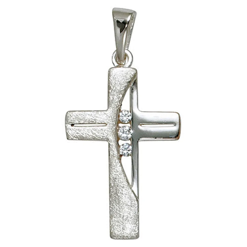 Anhänger Kreuz 925 Sterling Silber eismatt 3 Zirkonia Kreuzanhänger Silberkreuz