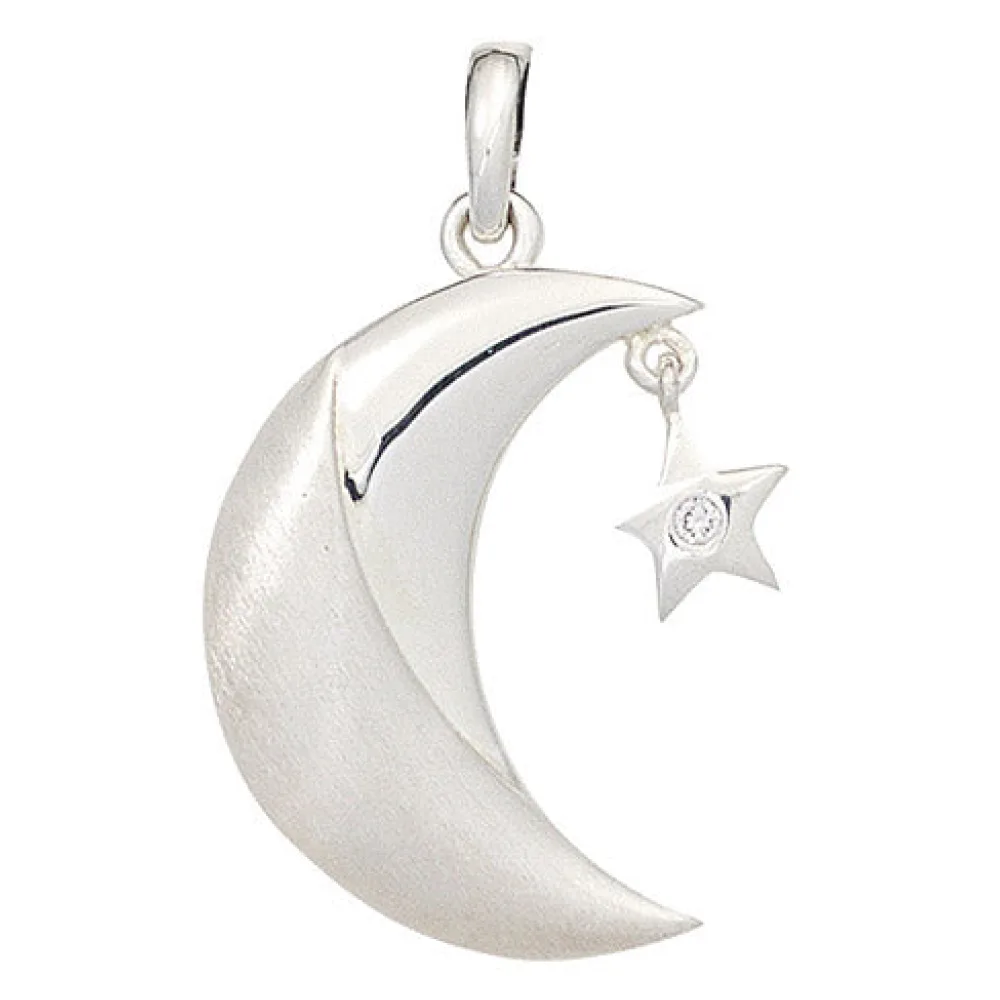 Anhänger Mond 925 Sterling Silber rhodiniert mattiert 1 Zirkonia
