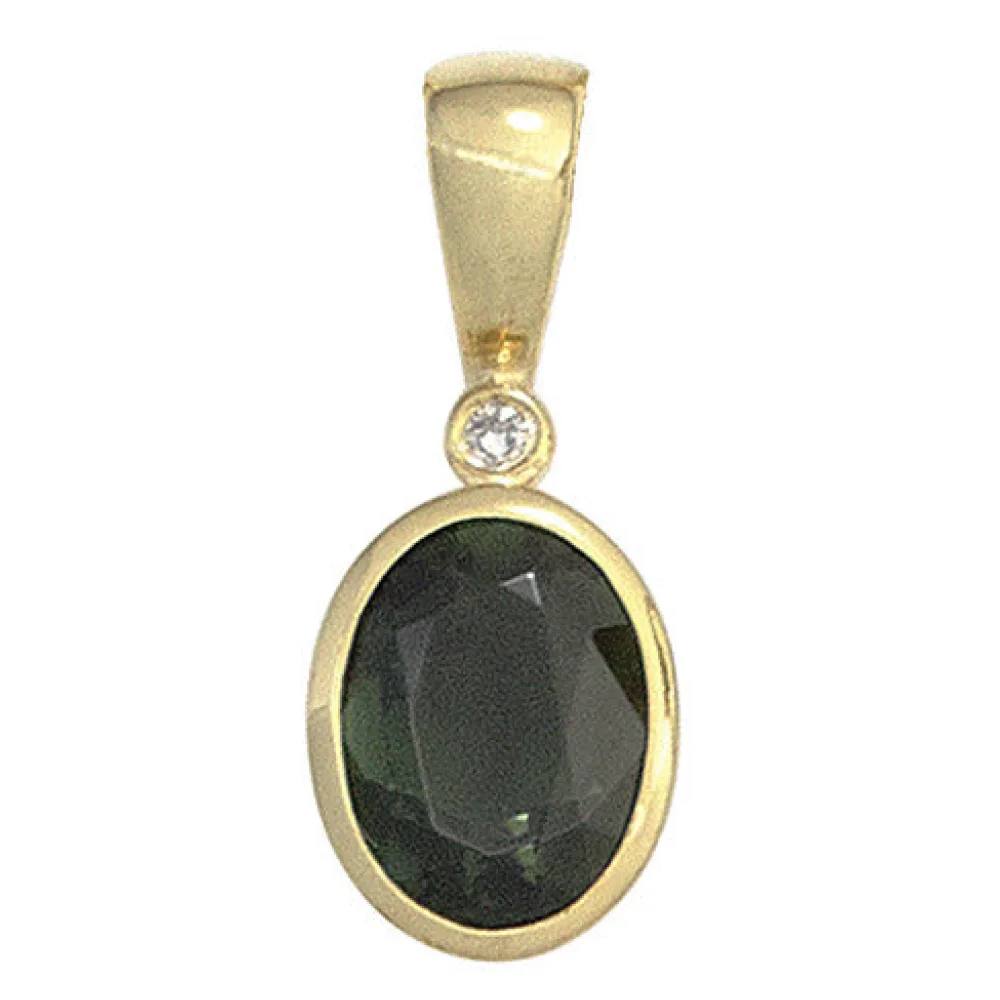 Anhänger oval 585 Gold Gelbgold 1 Turmalin grün 1 Diamant 0 01ct. Goldanhänger