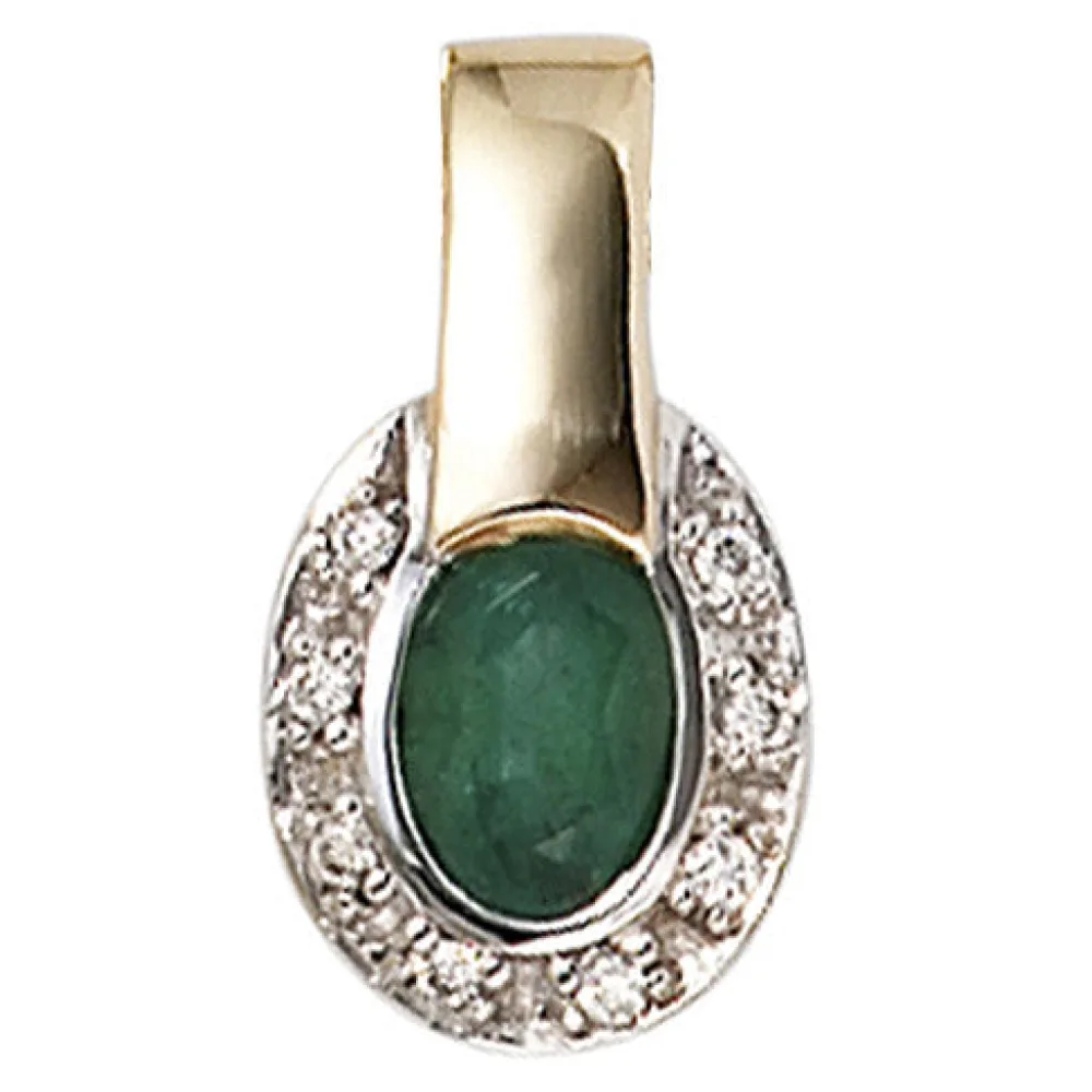 Anhänger oval 585 Gold Gelbgold bicolor 8 Diamanten Brillanten 1 Smaragd