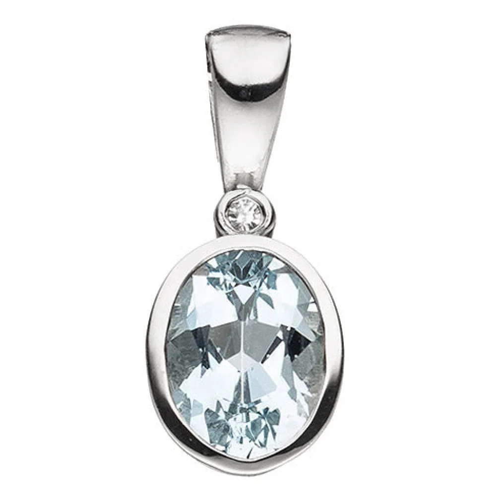 Anhänger oval 585 Gold Weißgold 1 Aquamarin blau hellblau 1 Diamant 0 01ct.