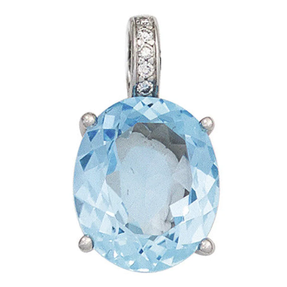 Anhänger oval 585 Gold Weißgold 1 Blautopas blau hellblau 5 Diamanten Brillanten