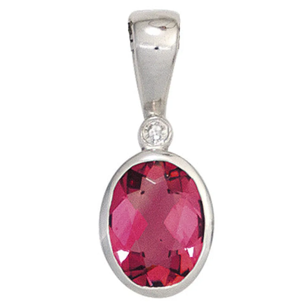 Anhänger oval 585 Gold Weißgold 1 rosa Turmalin 1 Diamant 0 01ct.