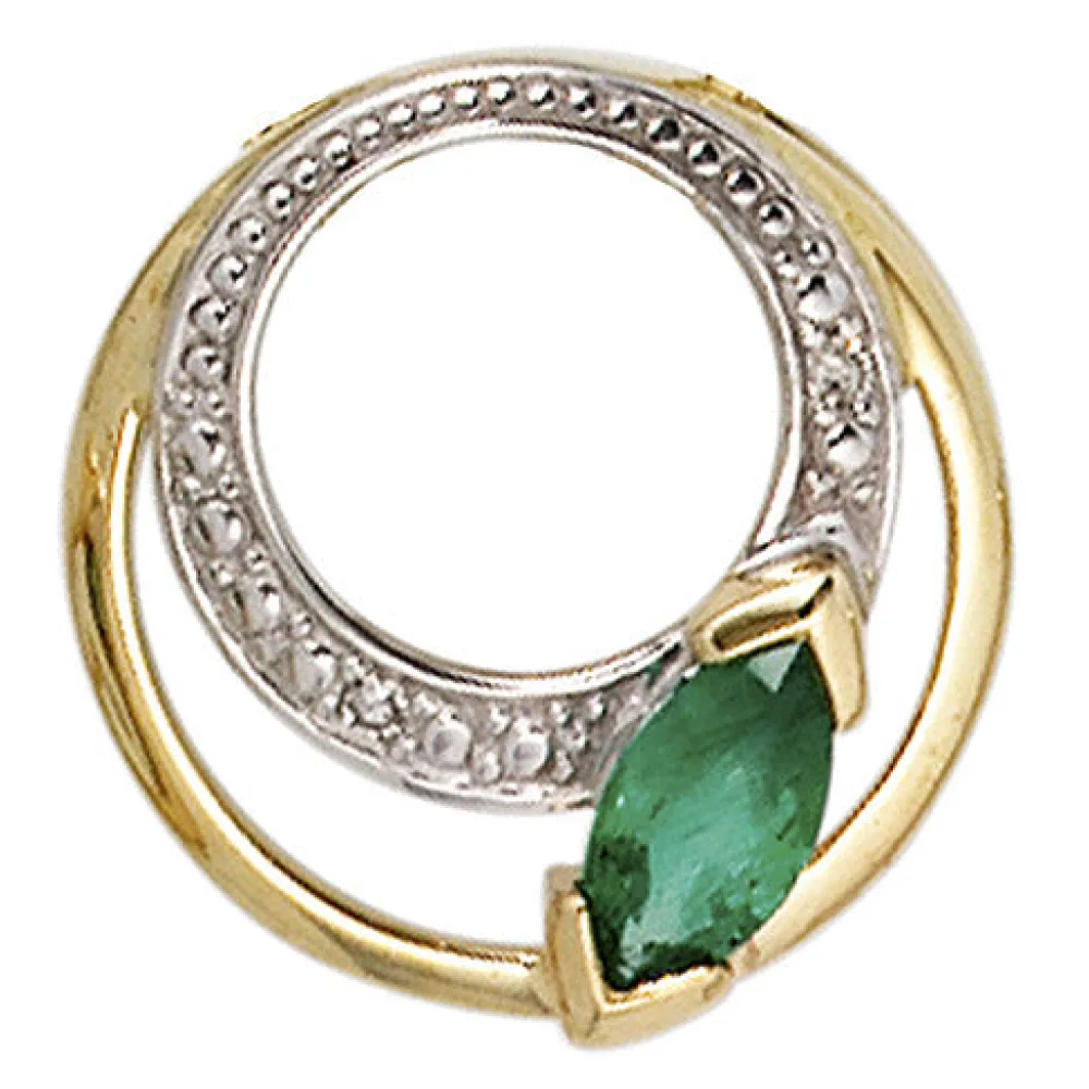 Anhänger rund 585 Gold Gelbgold 2 Diamanten 0 01ct. 1 Smaragd grün Goldanhänger