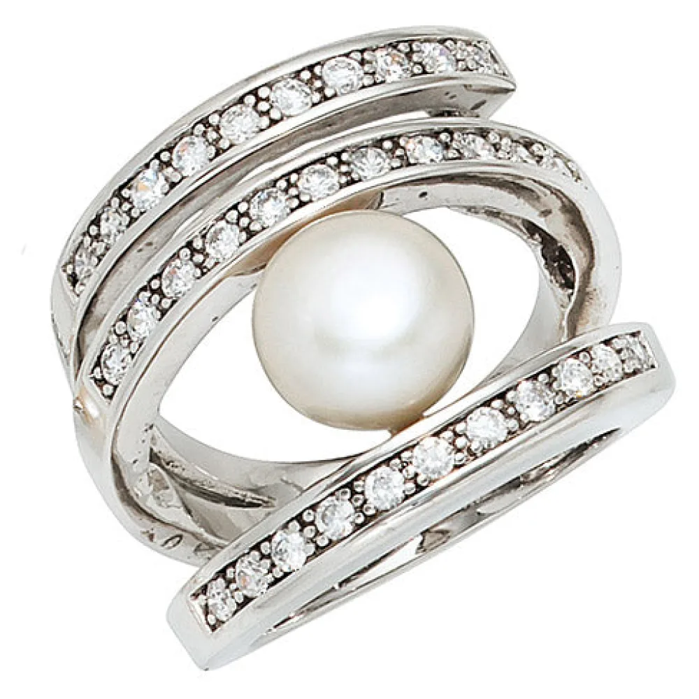 Damen Ring breit 925 Silber rhodiniert 1 Süßwasser Perle 31 Zirkonia Perlenring-50