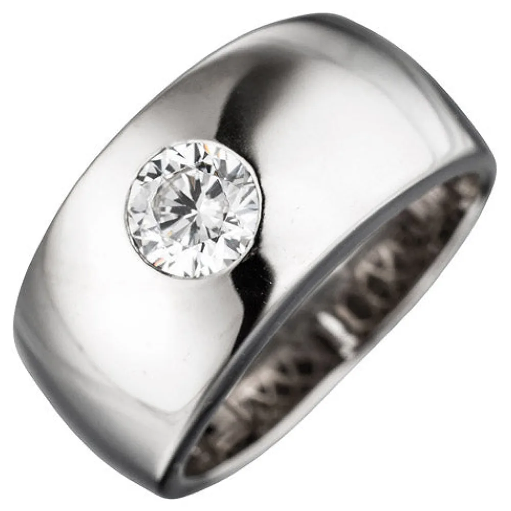 Damen Ring breit 925 Sterling Silber rhodiniert 1 Zirkonia Silberring-50