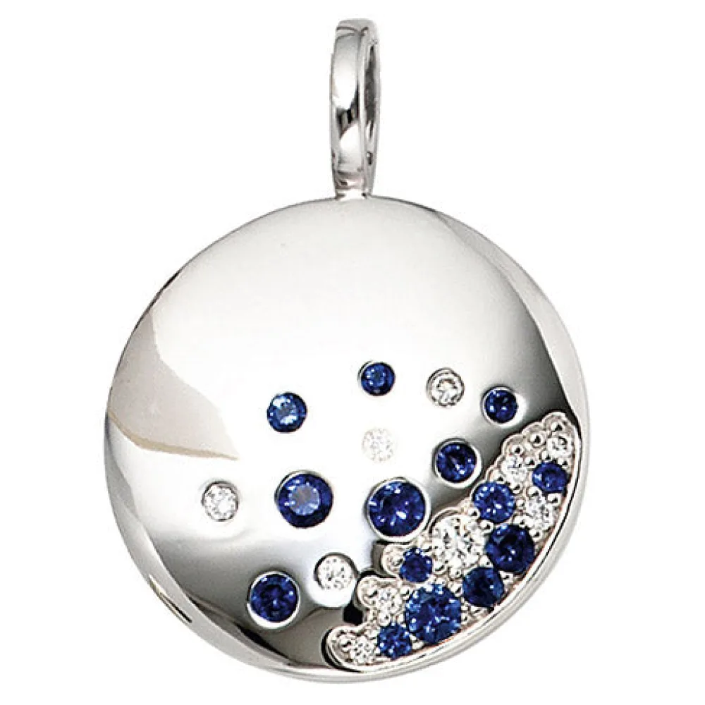 Anhänger rund 585 Gold Weißgold 10 Diamanten Brillanten 0 10ct. 14 blaue Safire