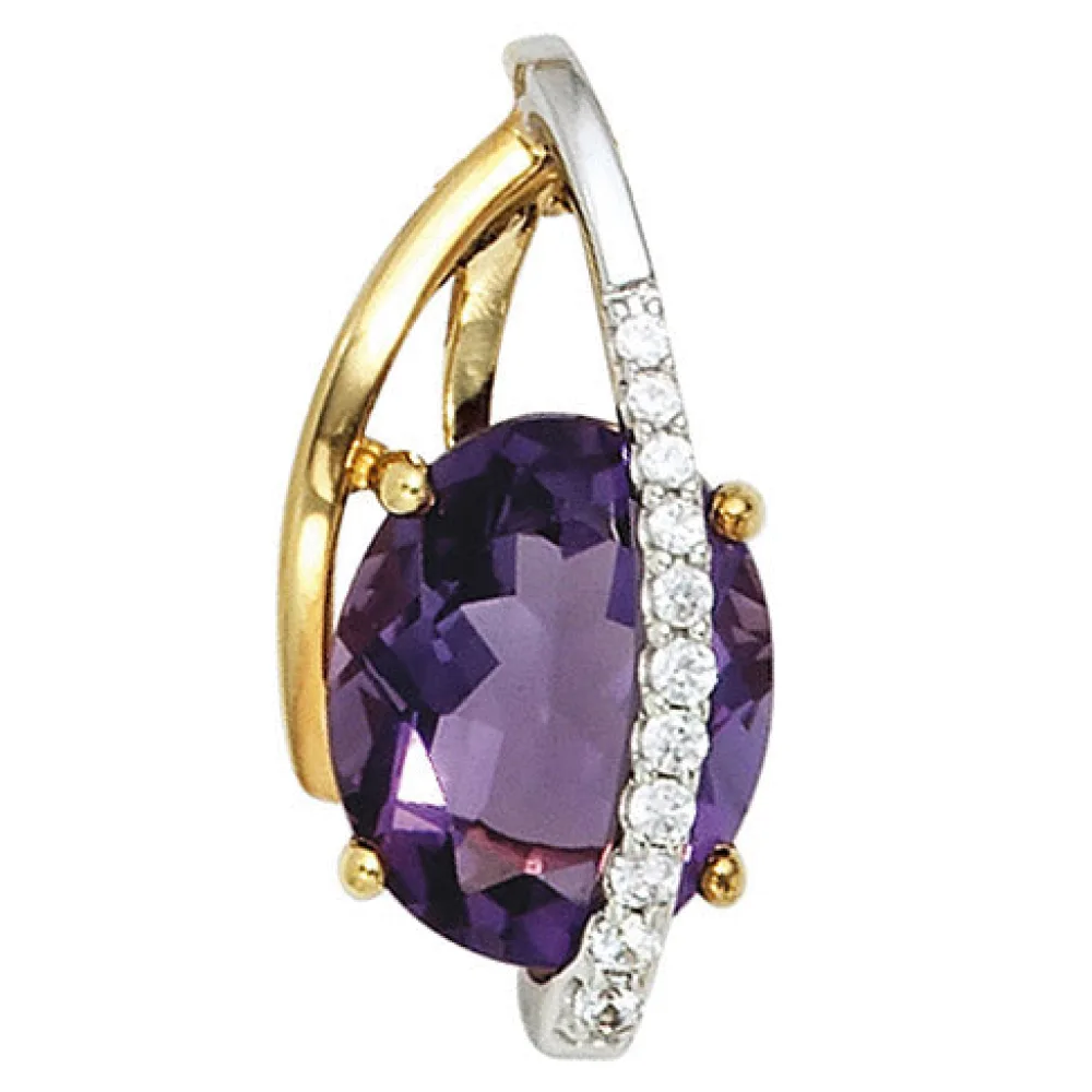Anhänger 585 Gold Gelbgold Weißgold 11 Diamanten Brillanten 1 Amethyst violett