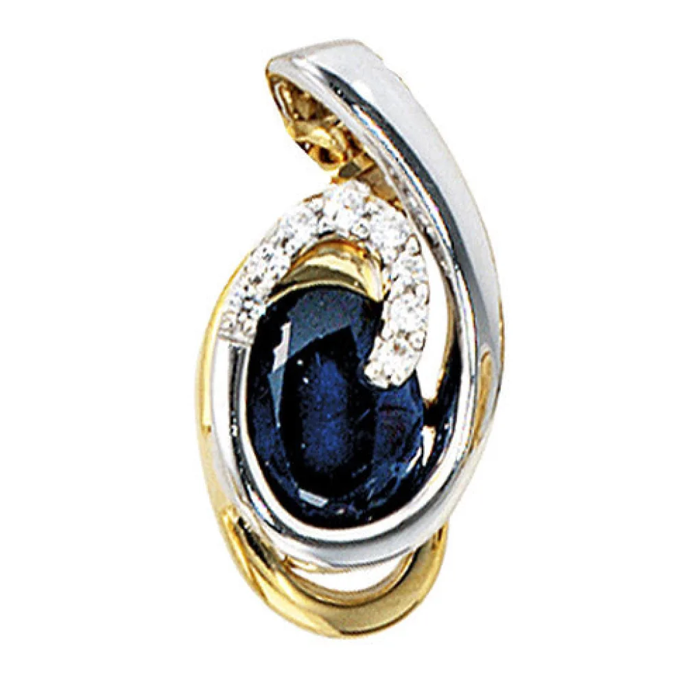 Anhänger 585 Gold Gelbgold Weißgold 8 Diamanten Brillanten 1 blauer Safir