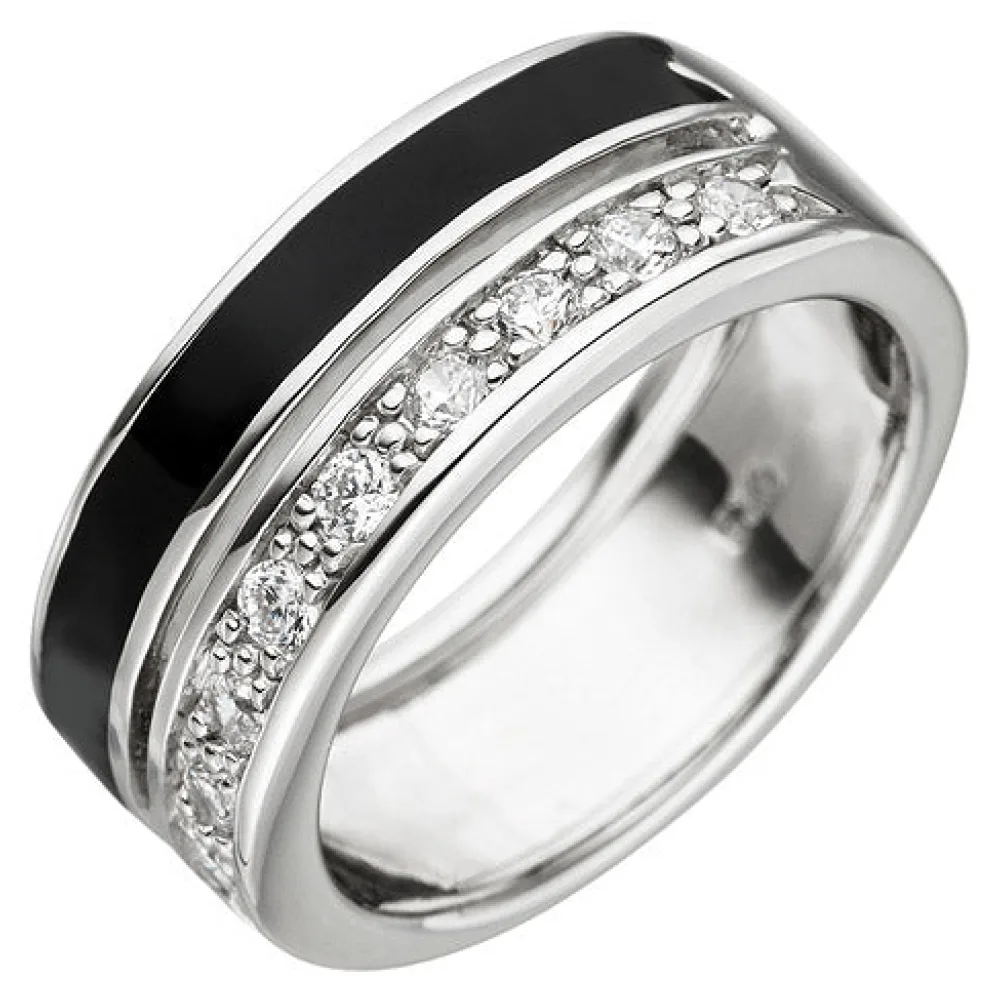 Damen Ring 925 Sterling Silber 9 Zirkonia schwarze Lackeinlage Silberring-60