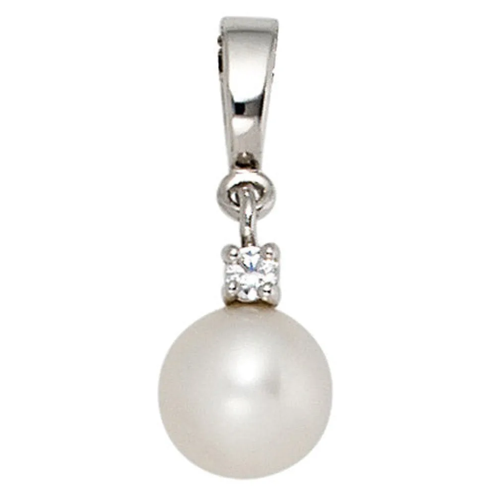 Anhänger 585 Gold Weißgold 1 Süßwasser Perle 1 Diamant Perlenanhänger
