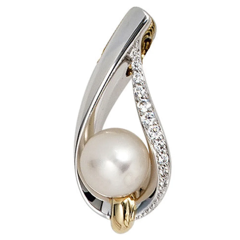 Anhänger 585 Gold Weißgold Gelbgold bicolor 1 Süßwasser Perle 10 Diamanten