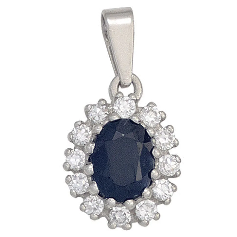 Anhänger 925 Sterling Silber rhodiniert 12 Zirkonia 1 Safir blau